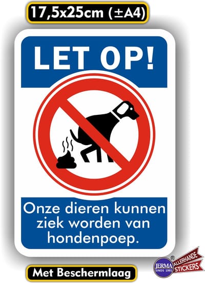 Jerma - Hondenpoep maakt dieren ziek - Sticker - 17.5 x 25 cm - Weerbestendig - Zelfklevend - Vinyl