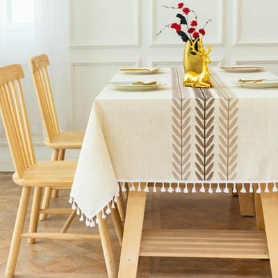 Borduurwerk Anglicanum Tafelkleed met Kwastjes, Katoen Linnen Stofdichte Tafelbeschermer, voor Keuken Eetkamer, Huisfeest Tafelblad Decor 90x90cm beige