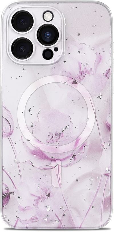 Casemania Hoesje Geschikt voor Apple iPhone 12 Pro - Licht Roze - Bloemen Glitter Back Cover met Camera Bescherming - Geschikt voor MagSafe