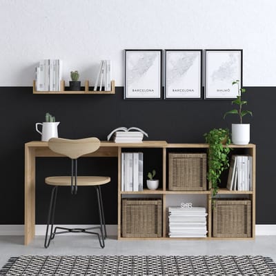 Bureau met 6 nissen met een muurplank - Kleur: naturel - KADONA L 145 cm x H 74 cm x D 45 cm
