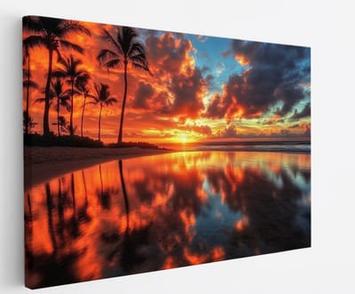 Saammp Canvas Schilderij - Tropisch strand - Zee met zonsondergang - Palmbomen - 45x30 - Foto op canvas - Wanddecoratie - muurdecoratie Woonkamer - Slaapkamer decoratie - Canvas Print