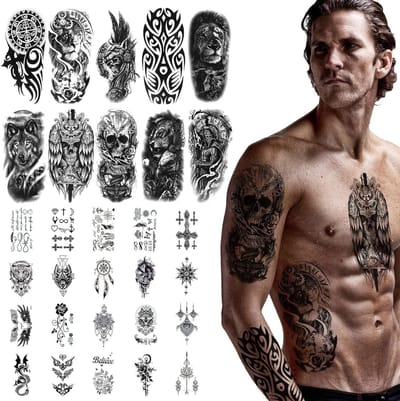 Zwarte Tijdelijke Tattoos voor Mannen en Vrouwen - 30 Stuks 3D Realistische Waterdichte Tattoos met Leeuw, Tijger, Duivel en Tribal Ontwerpen voor Lichaam, Armen en Schouders