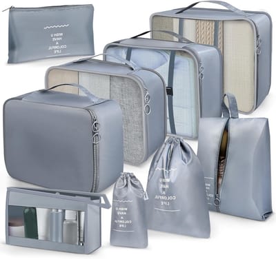Reisorganizerset met 9 Opbergkubussen, Kledingzakken en Cosmetica Tas voor Efficiënt Inpakken en Ruimtebesparing (Grijs)