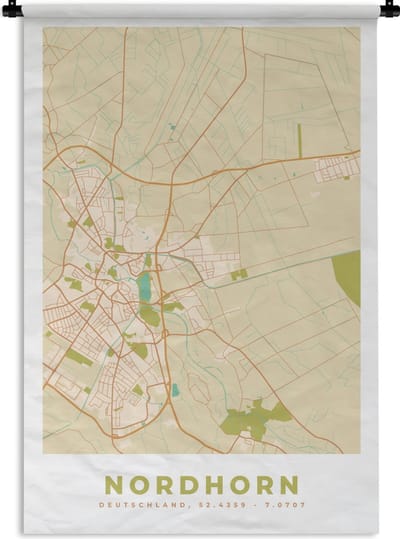 Wandkleed - Wanddoek - Nordhorn - Plattegrond - Kaart - Vintage - Stadskaart - 120x180 cm - Wandtapijt