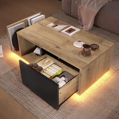 KOMHTOM - Salontafel met Lade - Salontafel met Opbergruimte - Multifunctioneel Retro Design met Geïntegreerde LED-verlichting - Hout-Metaal