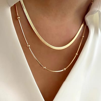 Layered Halsketting Set - Goudkleurig - Roestvrijstaal - Dubbele Bolletjes en Slangenketting - Verstelbare Parelketting RVS - Cadeau voor Vrouwen - Moederdag Tip