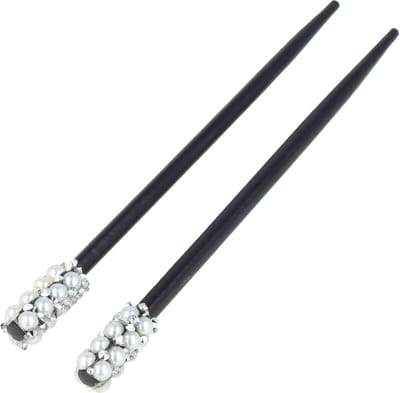 Haarsoires Haarspeld Haarpinnen 18cm - Haarstokjes - Parel Strass - Hout – Zwart Zilver - Set van 2 - Hair Sticks - Japanse Opsteekstokjes - Haaraccessoire voor Opsteekkapsel - Sierpinnen voor Opsteekkapsels - Hair Pins