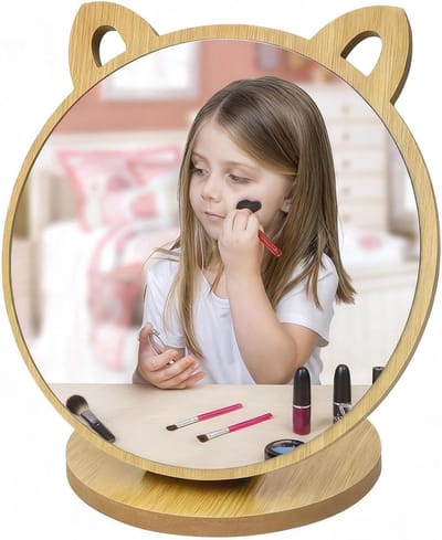 Verstelbare Make-up Spiegel met Kattenoren, 90 Graden Rotatie, Staande Houten Cosmeticaspiegel voor Slaapkamer en Woonkamer