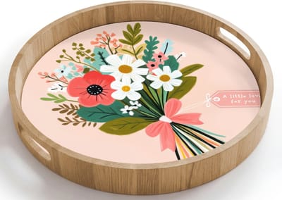 Dienblad rond 40x40 cm - Schootdienblad hout - Boeket - Strikje - Kaartje - Quote - Borrelplank rechthoek - Plateau houten dienbladen