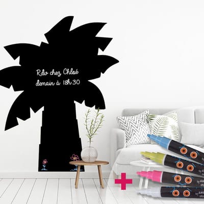 Schoolbordsticker - uitwisbare zelfklevende muurstickers - PALMBOOM + 4 VLOEIBARE KRIJTJES - 30x25cm
