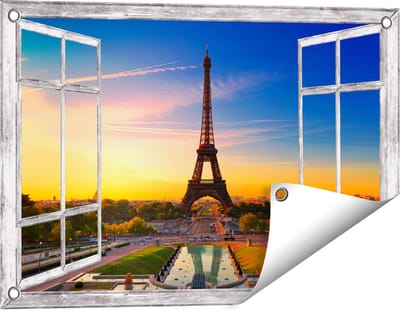 Gards Tuinposter Doorkijk Parijs Eiffeltoren tijdens de Zonsopkomst - 60x40 cm - Tuindoek - Tuindecoratie - Wanddecoratie buiten - Tuinschilderij