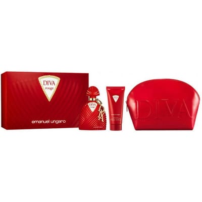 Set Emanuel Ungaro: Diva Rouge, GWP Textiel Pouch, Rood + Diva Rouge, Bodylotion, Lichaam, 100 ml + Diva Rouge, Eau De Parfum, Voor Vrouwen, 100 ml
