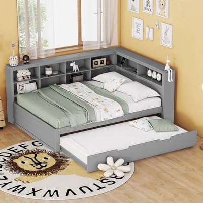 STILVORA Tweepersoonsbed 140x200cm – Uitklapbed 90x190cm en USB-poort – Opbergruimte – Voor gasten en kamers – Massief Hout – Grijs – Zonder Matras