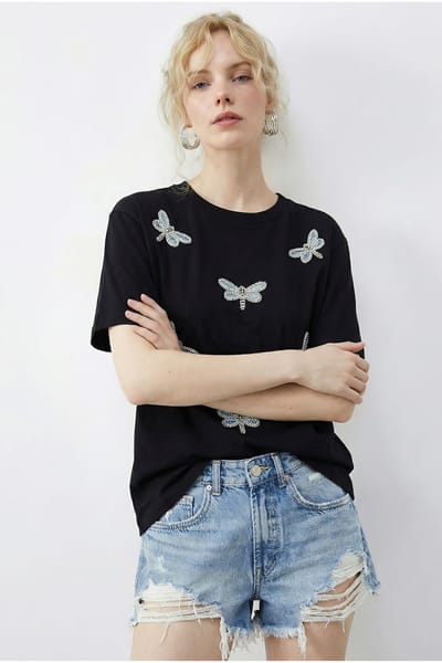 Geborduurd Crew Neck Relaxed Fit T-Shirt