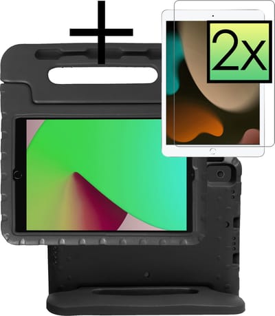 Hoes - Geschikt voor Apple iPad 7 (2019) - 10.2 inch - 7e Generatie - Met 2x Screenprotector - Kinderhoes Shockproof Bumper - Kidsproof Case - Tablet Hoesje - Kinder Cover - Zwart