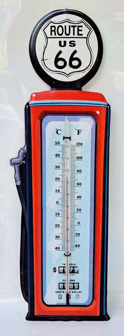 Blikken thermometer HK198t voor binnen of buiten route 66 hoogte 48 cm - celsius en fahrenheit nostalgic vintage art