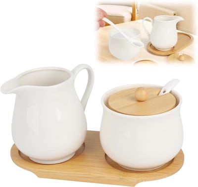 Set van 2 ronde keramische kruidenpotjes van 250 ml met bamboelepel en deksel - Ideaal voor suiker, zout en specerijen in de keuken