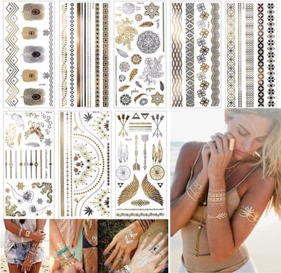Tijdelijke Metallic Tattoos Stickers - 8 Bladen Shiny Body Fake Sieraden Tattoos - Voor Vrouwen Teens Meisjes - Gouden en Zilveren Sieraden Tattoos - Veel Mooie Motieven