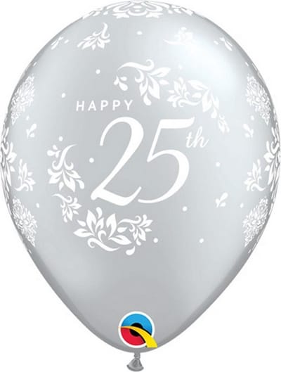 Qualatex 25e verjaardag Damask Latexballonnen (Pakket van 6) (Zilver)