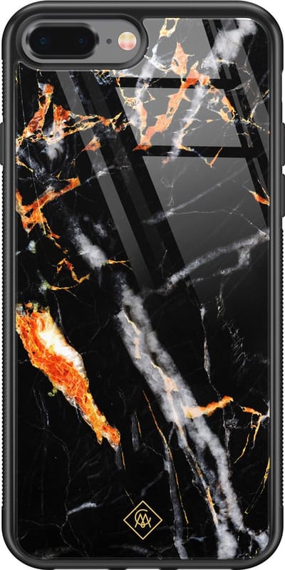 Casimoda® hoesje - Geschikt voor iPhone 8 Plus - Marmer Zwart Oranje - Luxe Hard Case Zwart - Backcover telefoonhoesje - Zwart