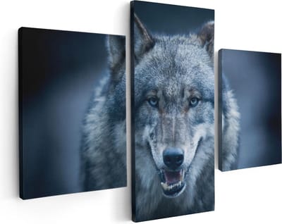 Artaza Canvas Schilderij Drieluik Wolvenkop Met Blauwe Ogen - Wolf - 90x60 - Foto Op Canvas - Canvas Print