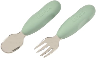 Béaba Set van 2 Roestvrijstalen Bestek - Kinderbestek - Vanaf 10 Maanden - Lepel & Vork - Sage Green - Ergonomisch Oefenbestek
