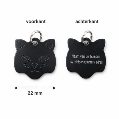 Zwart Katten Naamplaatje voor Huisdier – Gepersonaliseerde Kattenpenning met Naam, Telefoonnummer of Adres – Aluminium ID Tag / Adresplaatje voor Kat, Kitten en Halsband – 22 mm