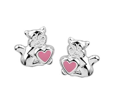 YO&NO - Oorbellen - Zilver - Oorknoppen - Hart - Poes - Roze - 7,5/8,2mm - Kinderen - Zilver 925