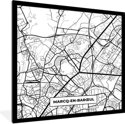 Fotolijst incl. Poster Zwart Wit- Stadskaart - Plattegrond - Kaart - Marcq-en-Barœul - Frankrijk - Zwart wit - 40x40 cm - Posterlijst