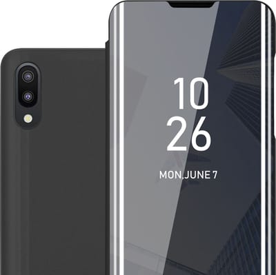Cadorabo Hoesje geschikt voor Samsung Galaxy A10 / M10 in TOERMALIJN ZWART - Clear View Spiegel Beschermende Case met Tribunefunctie 360 Graden Bescherming Book Case Cover Etui