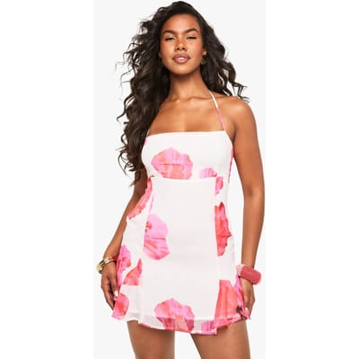 boohoo Dames Petite Bloemen Chiffon Mini-jurk met bandjes, tie-front en godet zoom | Ivoor | Maat: 36
