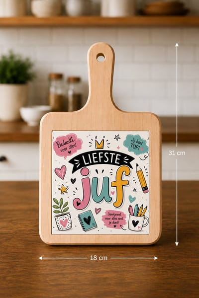 Kaasplank met Tegel Liefste Juf – Bedankcadeau voor Juf – Houten Serveerplank 18x31 cm – Cadeau Einde Schooljaar