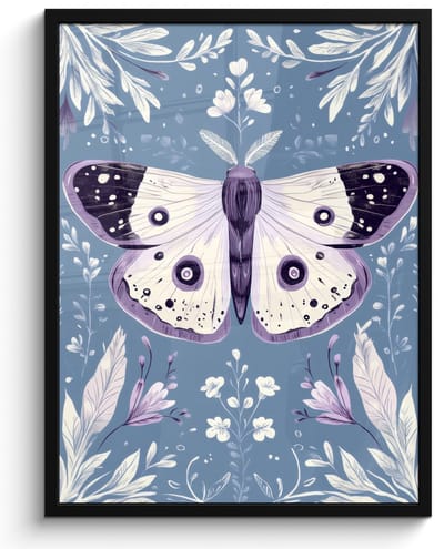 Poster in lijst - Fotolijst 50x70 cm - Posters - Vlinder - Bloemtakken - Lichtblauw - Posterlijst zwart - Decoratie - Wanddecoratie woonkamer - Muurdecoratie slaapkamer