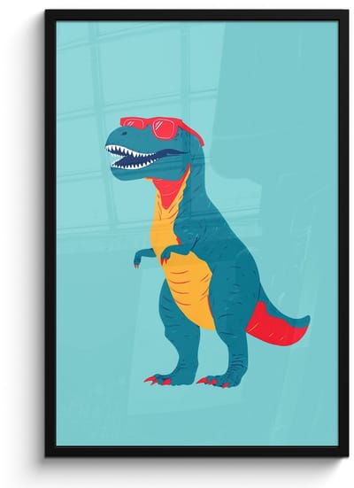 Poster in lijst - Fotolijst 60x90 cm - Posters - Dinosaurus - Blauw - Zonnebril - Posterlijst zwart - Decoratie - Wanddecoratie woonkamer - Muurdecoratie slaapkamer
