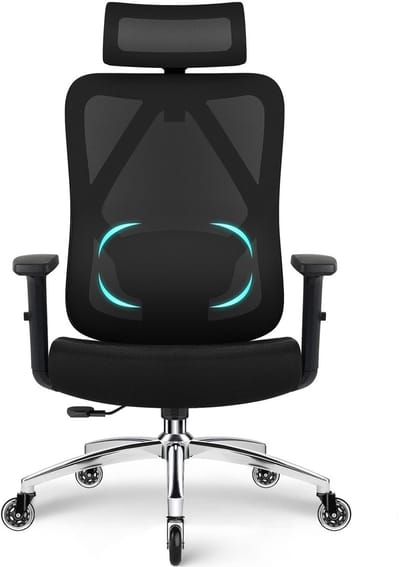 Elekiatech - Bureaustoel - Ergonomische Bureaustoel - Bureaustoelen voor Volwassenen - 3D Lendensteun - 2D Hoofdsteun - Traagschuim Zitting - Zwart