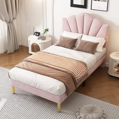 REDOM bedframe 90x200 cm – Gestoffeerd velvet roze – Schelpvormig verstelbaar hoofdbord (2 standen) – Gouden metalen poten – 12 latten – 150 kg