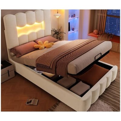 ModernLuxe Gestoffeerd opbergbed 90×200 cm - met LED-verlichting - verstelbaar hoofdeinde - fluweel - beige (matras niet inbegrepen)