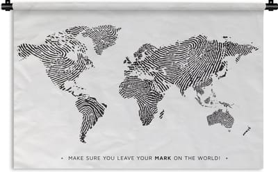 Wandkleed Eigen Wereldkaarten - Wereldkaart vingerafdruk zwart wit met tekst Wandkleed katoen 90x60 cm - Wandtapijt met foto