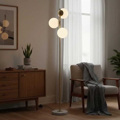 LUSENZ Verano - Staande lamp Goud 150 cm - 3 bollen - Modern design - Woonkamer lamp - Opaalglas - Terrazzo voet -  E14 fitting -  Met voetschakelaar