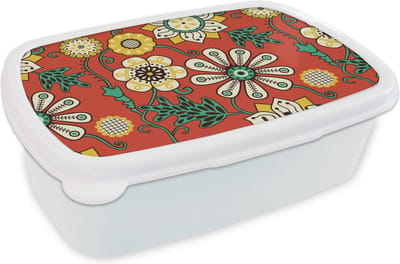 Broodtrommel Wit - Lunchbox Design - Bloemen - Hippie - Retro - Brooddoos 18x12x6 cm - Brood lunch box - Broodtrommels voor kinderen en volwassenen