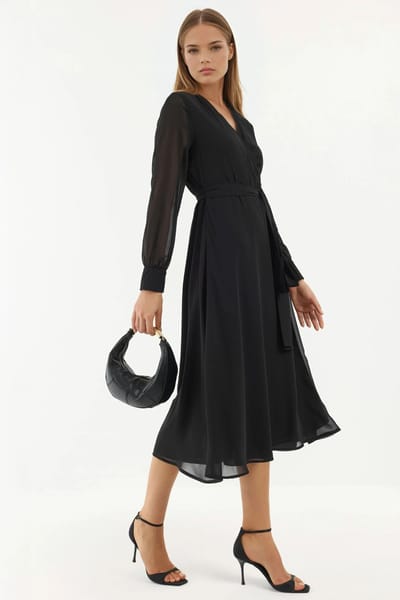 Double Breasted A-Lijn Tulle Midi Jurk met Tailleband
