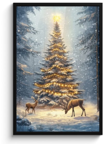 Poster in lijst - Fotolijst 60x90 cm - Posters - Kerstlicht - Woud - Hert - Donker - Posterlijst zwart - Decoratie - Wanddecoratie woonkamer - Muurdecoratie slaapkamer - Kerstversiering - Kerstdecoratie voor binnen - Kerstmis