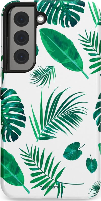 Casetastic Hoesje Geschikt voor Samsung S22 - Stijlvolle Beschermende Duo-layer Case - Groene Witte Jungle Bladeren Print