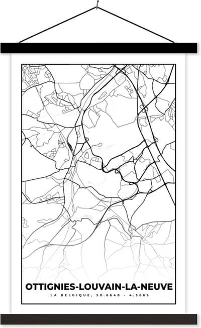Posterhanger incl. Poster 40x60 cm - Schoolplaat - België – Ottignies Louvain la Neuve – Stadskaart – Kaart – Zwart Wit – Plattegrond - Textielposter - Zwarte latten - Stadskaart