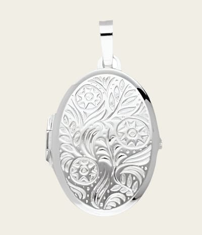 Zilveren Medaillon 28 mm ovaal bewerkt met bloemen 2 foto's kettinghanger