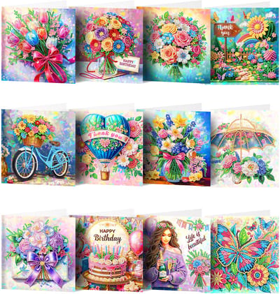 Adorzy Diamond Painting Kaarten – 12 Wenskaarten met envelop - Diamond Painting Volwassenen – Diamond Painting Volledig Pakket