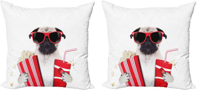 ABAKUHAUS Sierkussenhoes met mopshondje, set van 2, Hond in de bioscoop, 50x50 cm, Crème, Rood, Zwart