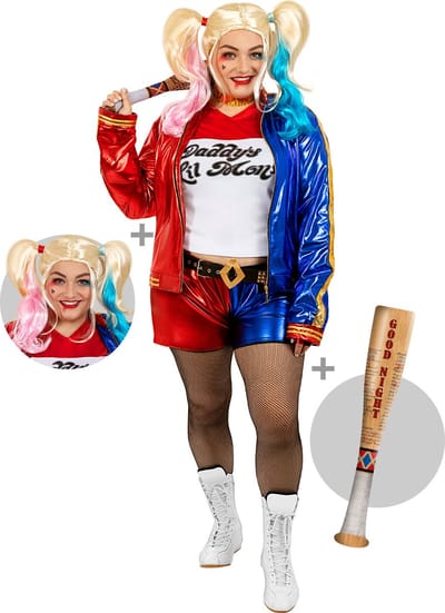 Funidelia | Harley Quinnkostuum met pruik en opblaasbare knuppel Suicide Squad voor vrouwen â–¶ Kostuum voor Volwassenen Accessoire verkleedkleding en rekwisieten voor Halloween, carnaval & feesten - Maat XL - Rood