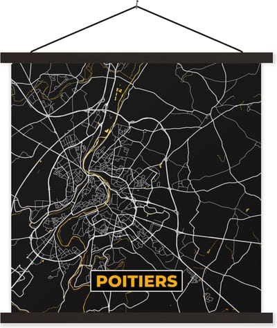 Posterhanger incl. Poster 60x60 cm - Schoolplaat - Stadskaart - Plattegrond - Poitiers - Frankrijk - Kaart - Textielposter - Zwarte latten - Stadskaart