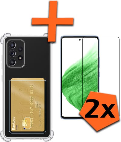 Hoes - Geschikt voor Samsung Galaxy A53 - Met 2x Screenprotector - Pashouder - Kaarthouder - Telefoon Hoesje Shockproof - Siliconen Case - Back Cover - Shock Proof - Pasjes Houder - Transparant